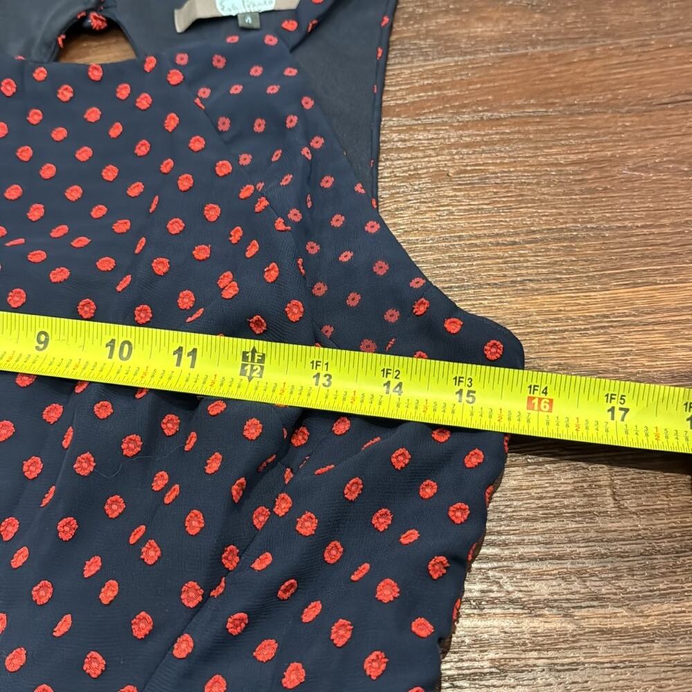 Eva Franco Women's Mary Ann lined Ruffle Dress in Navy/Red Polka Dots. - Picture 6 of 8